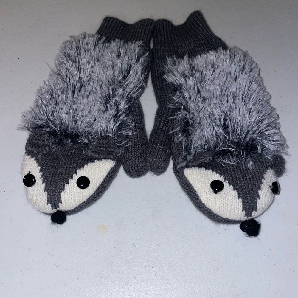 Adorable Grey knitted mittens with fluffy faux fur and button eyes hedgehogs